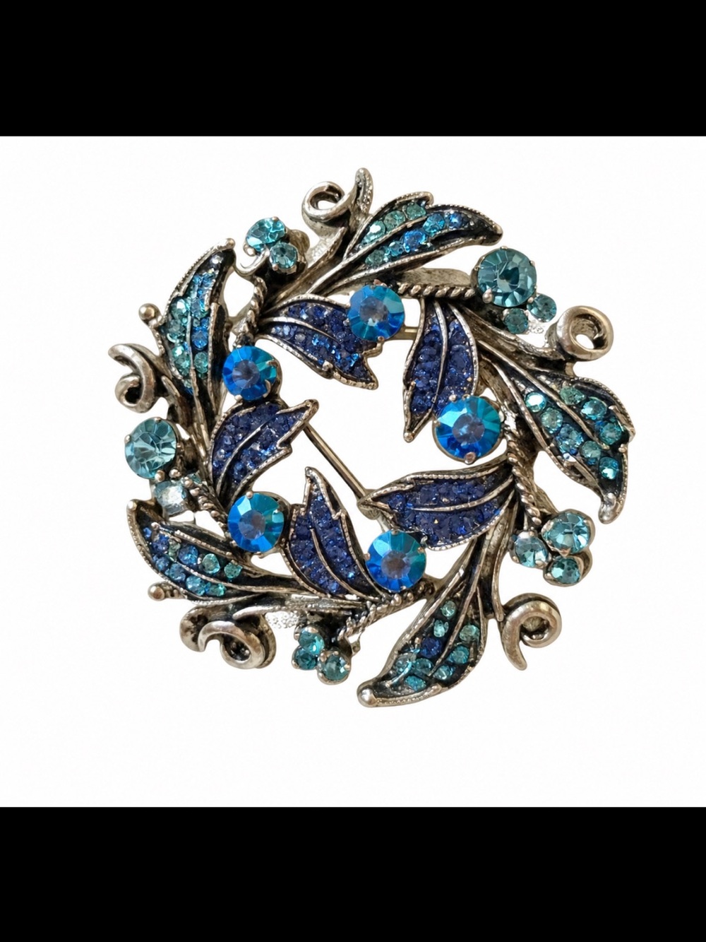 Vintage Blue Peacock Aurora Borealis Rhinestone Leaf Wreath Brooch Pin